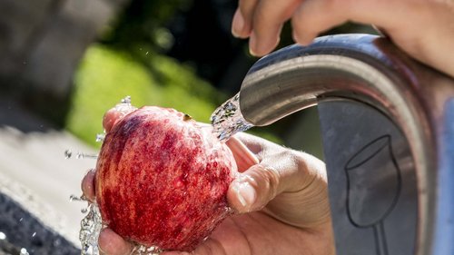 Sustainability as a top priority Hand washing a red apple under running water from a drinking fountain